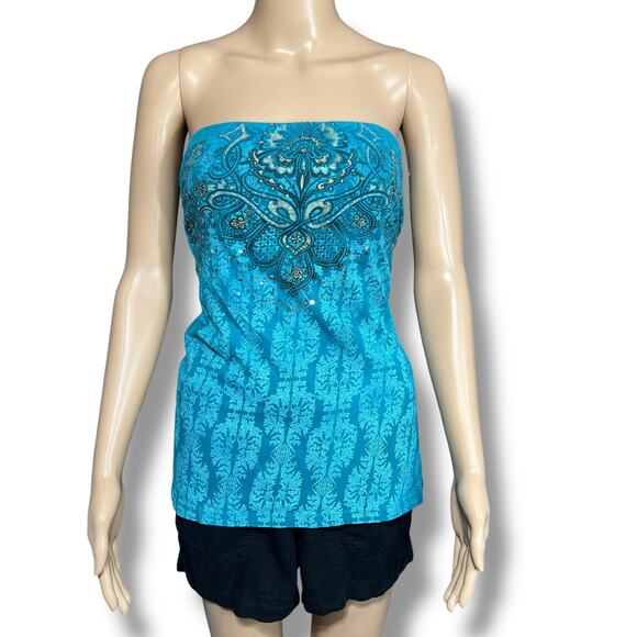 Maurices Womens Strapless Bandeau Tank Top with Shelf Bra Blue Floral Medium - Picture 1 of 10
